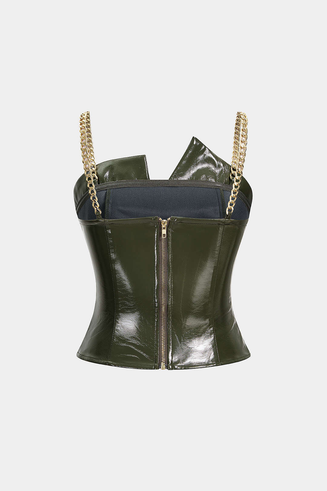 Leren-look metallic top met kettingdetail en ruches