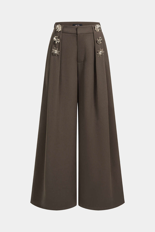Tara - Metallic broek met knoopjes en wijde pijpen