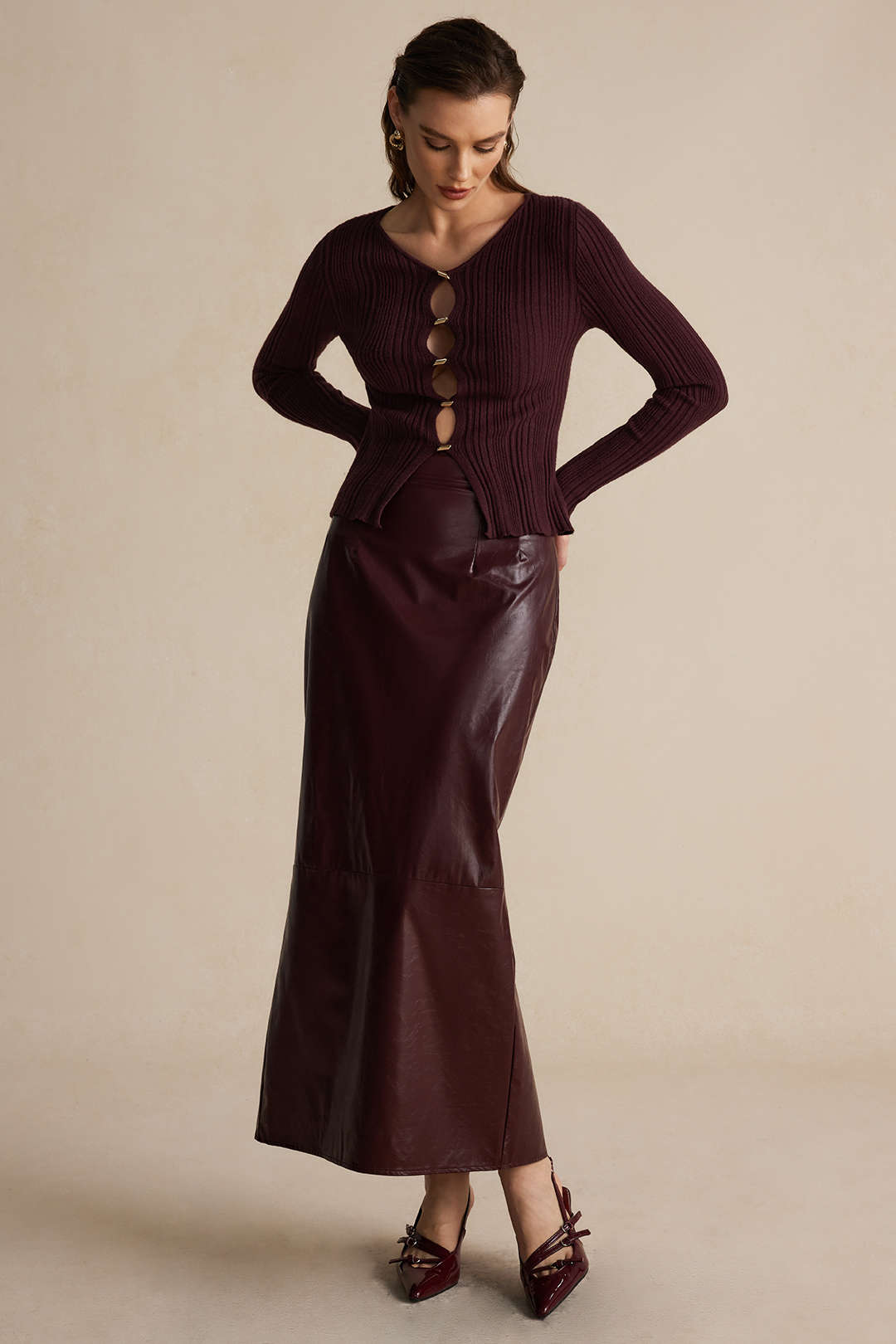 Effen leren-look midirok