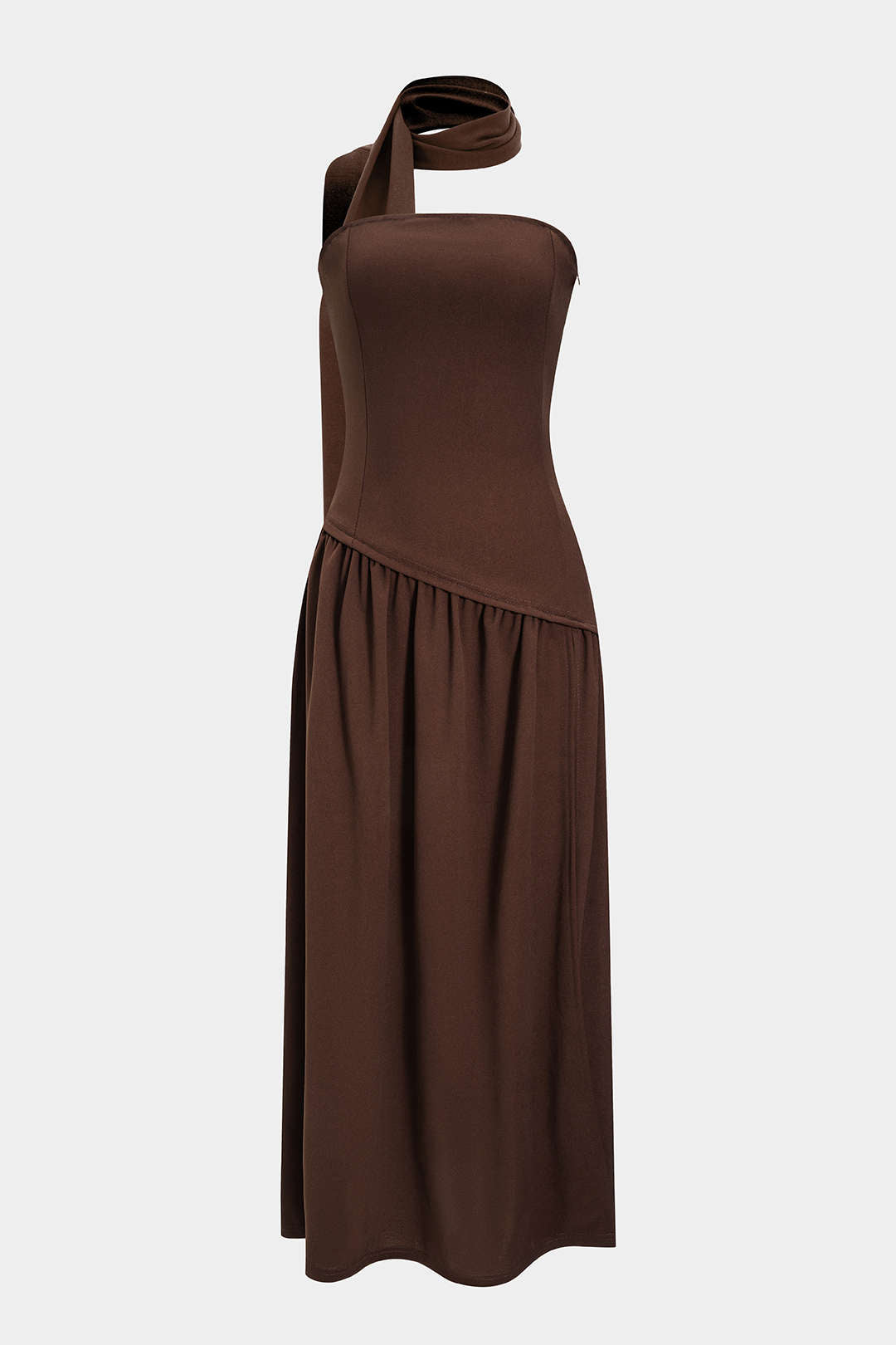 Satijnen maxijurk met ruches, split en strapless pasvorm