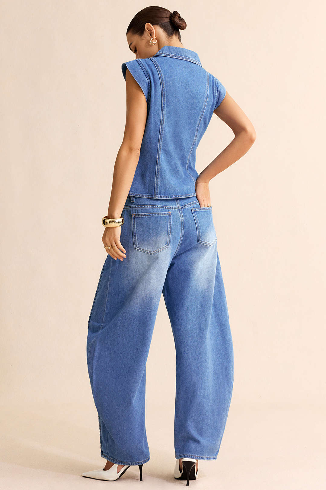 Denim gilet met revers, V-hals en wikkelmodel