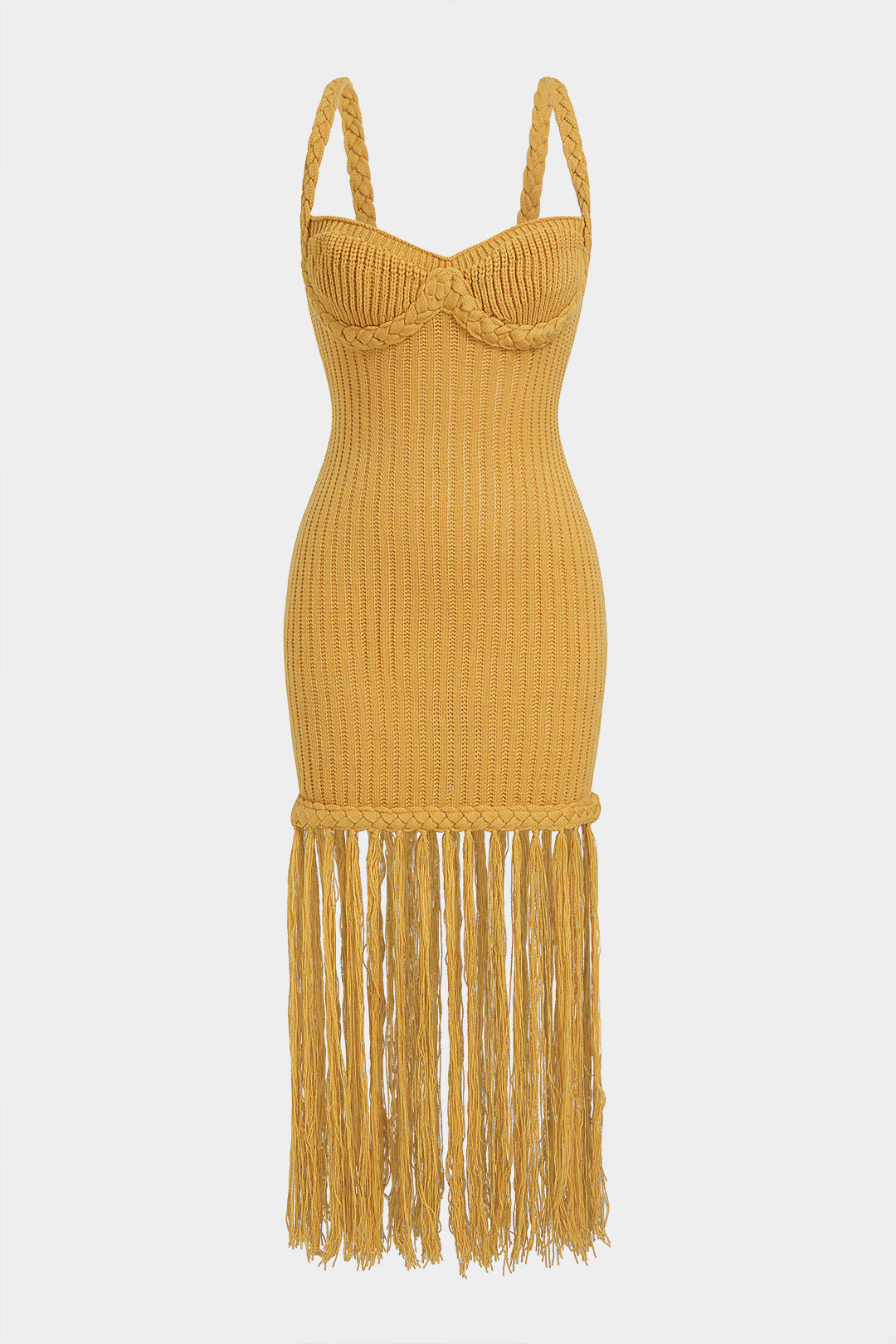 Gebreide mouwloze midijurk met franjes en spaghettibandjes