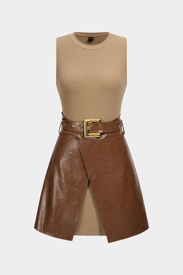 Leren-look patchwork minijurk met riem