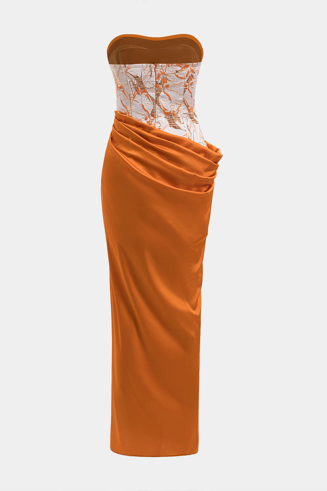Satijnen jacquard maxijurk met ruches en strapless pasvorm