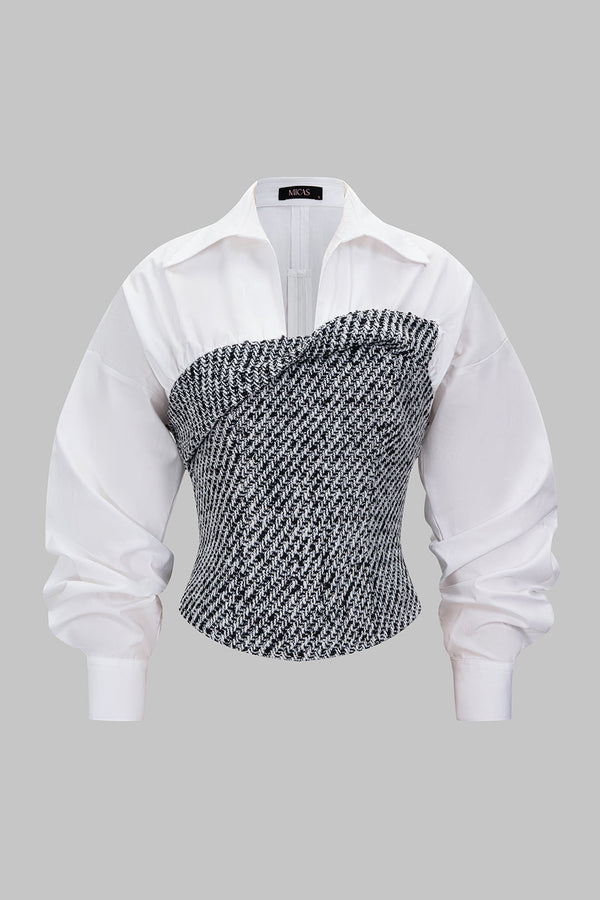 Tweed patchwork blouse met lange mouwen