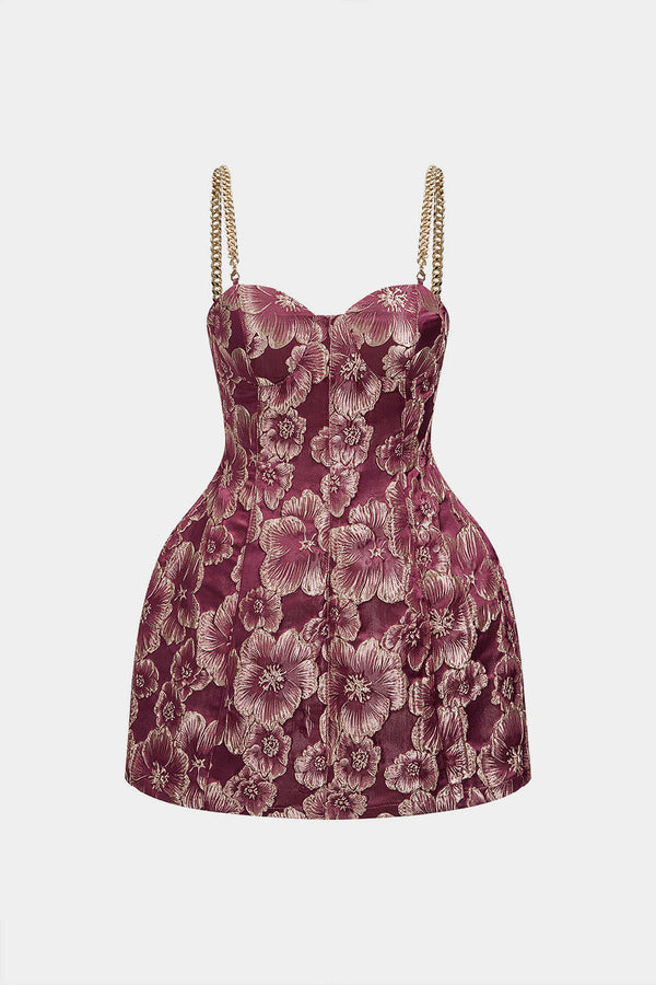Bloemenprint jacquard minijurk met kettingdetail