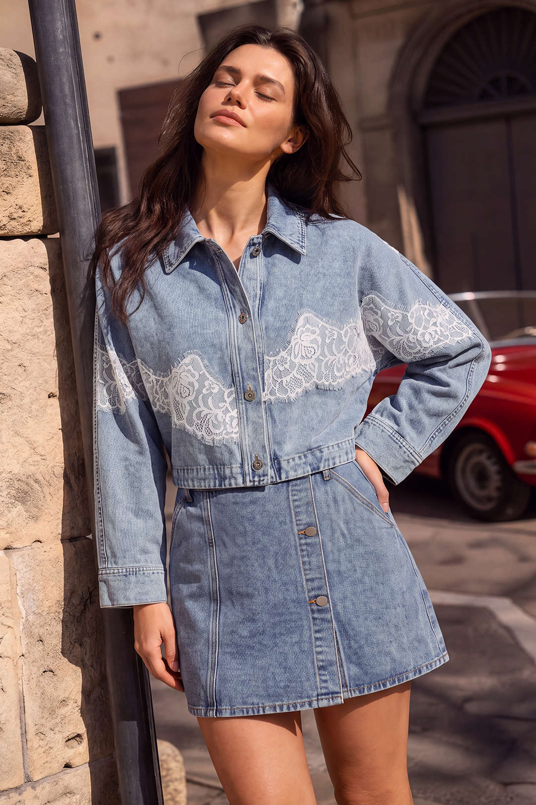 Denim patchwork item met kanten rand