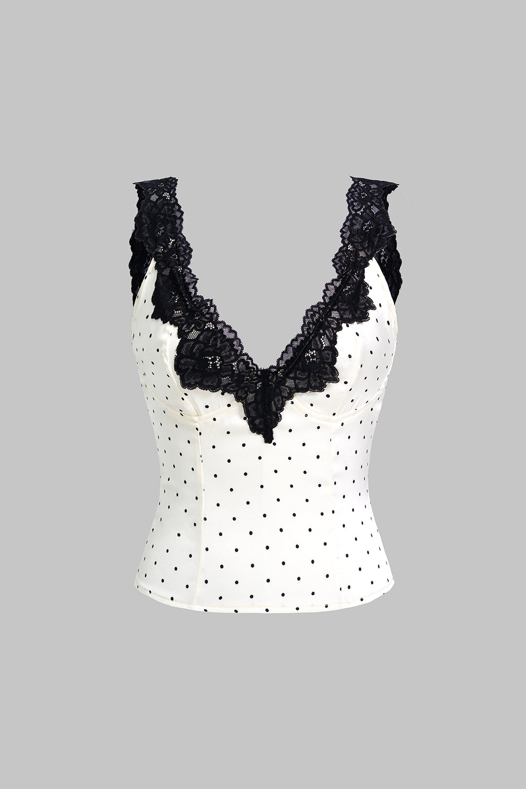 Gestipte satijnen tanktop met kant en V-hals