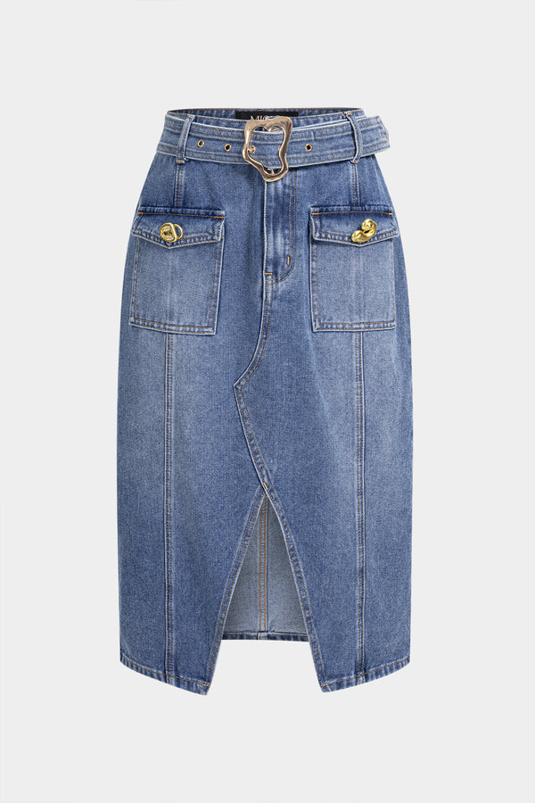 Denim metallic rok met riem, zakken en split