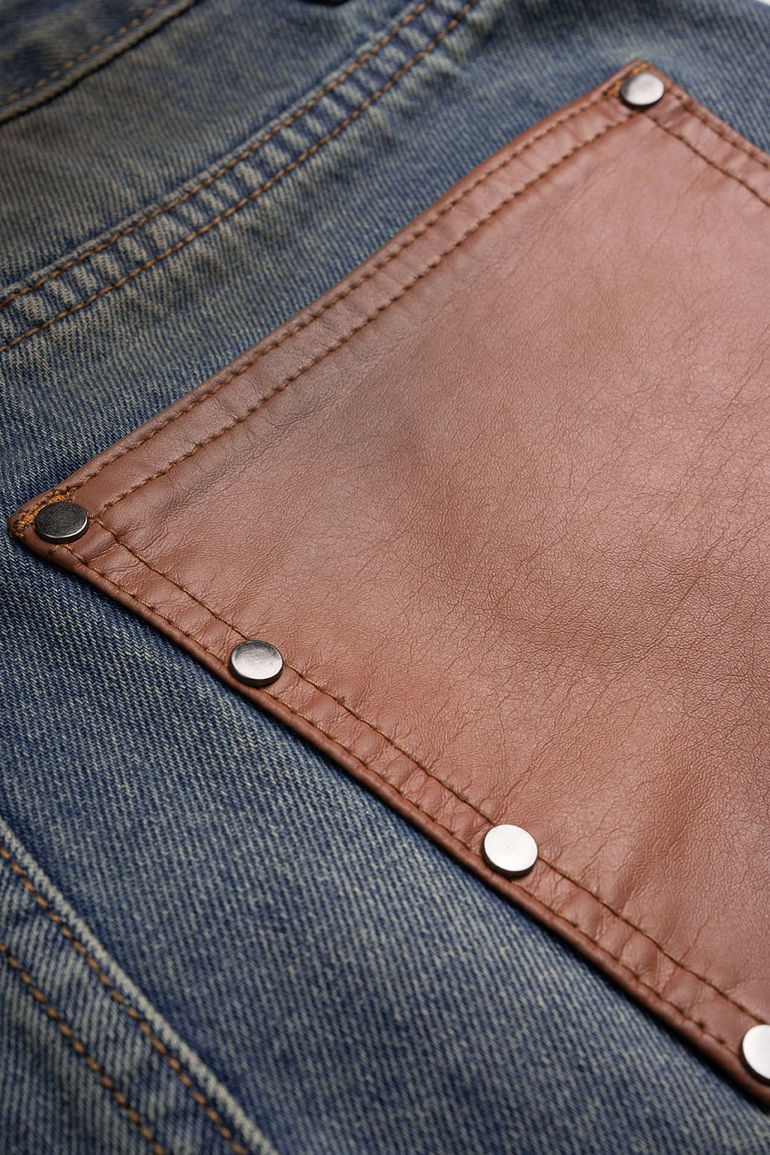 Denim patchwork short met zakken en wijde pijpen