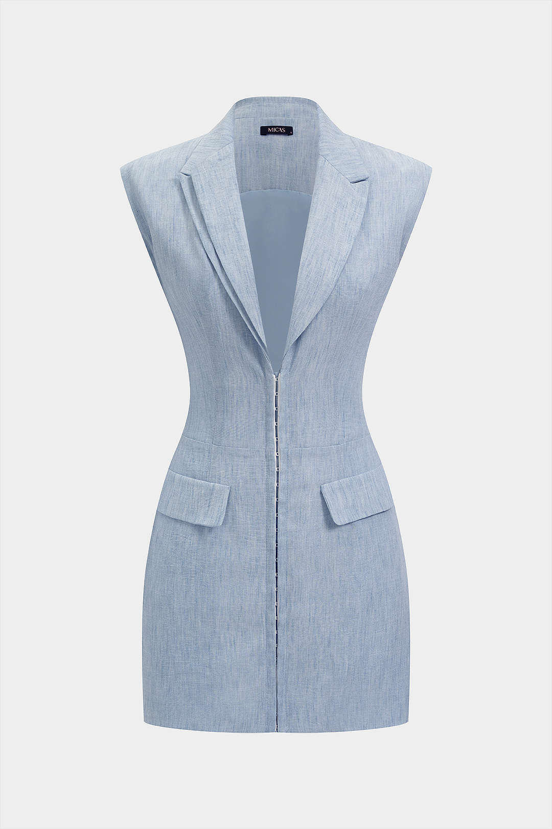 Asymmetrische mouwloze minijurk met reverskraag en V-hals