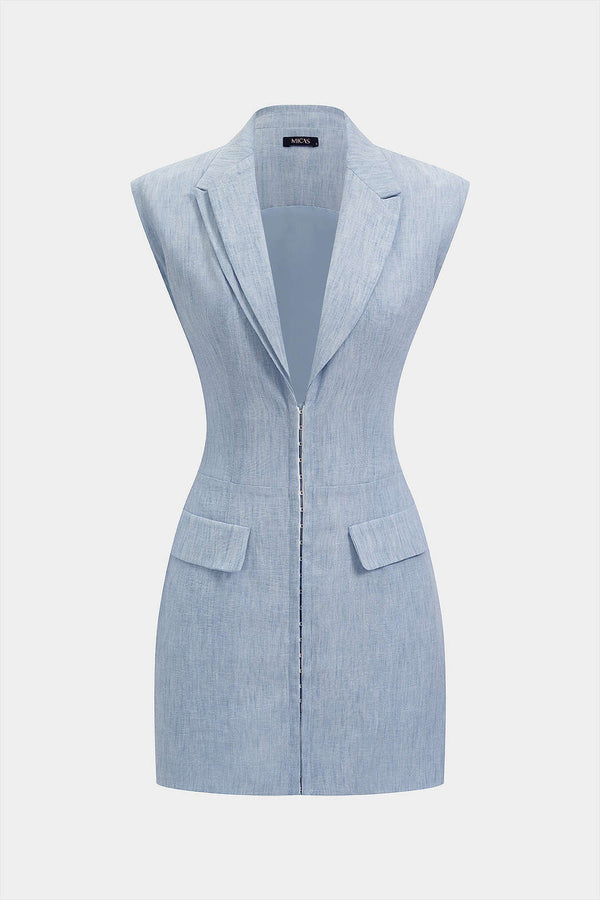 Asymmetrische mouwloze minijurk met reverskraag en V-hals