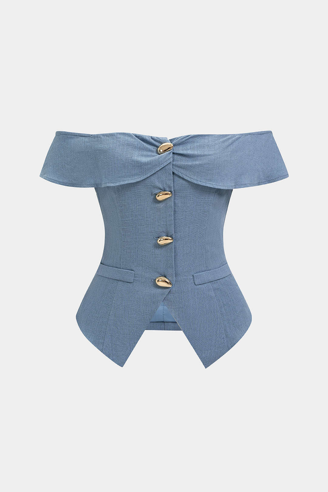 Linnen metallic top met knoopjes en blote schouders