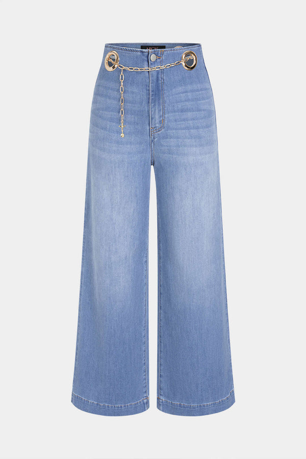Metallic jeans met kettingdetail en wijde pijpen