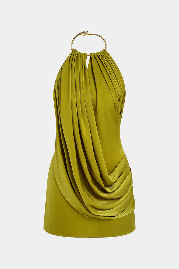 Metallic satijnen minijurk met V-hals en ruches