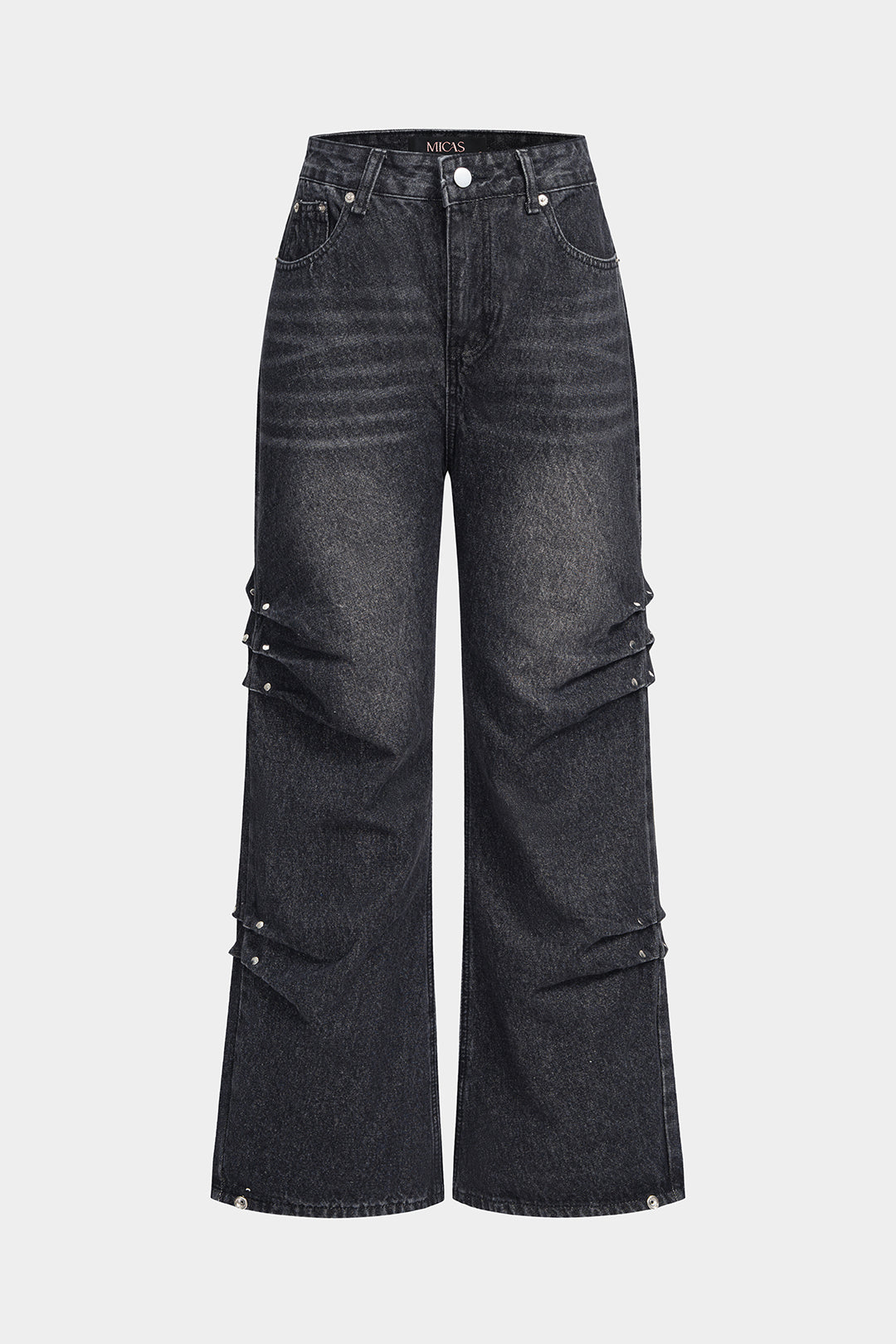 Jeans met studs, ruches en hoge taille
