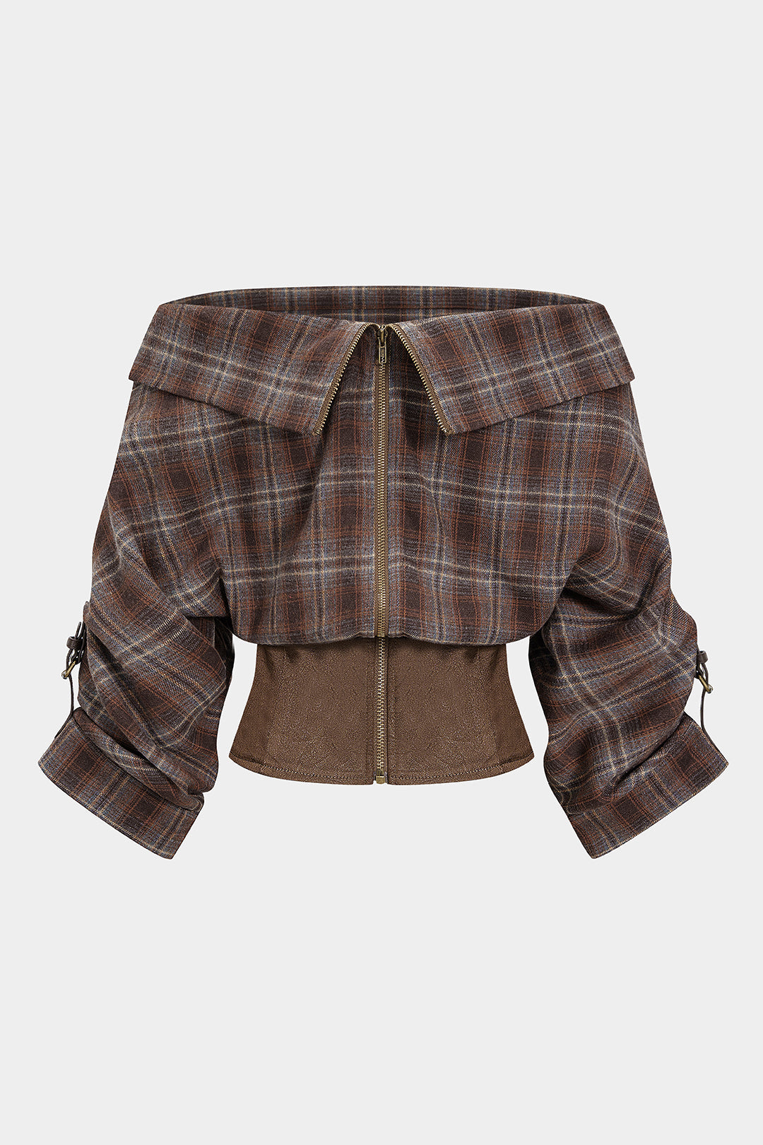 Geruite satijnen blouse met blote schouders en rits
