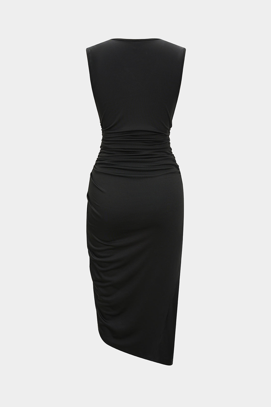 Asymmetrische mouwloze midijurk met ruches, V-hals en split