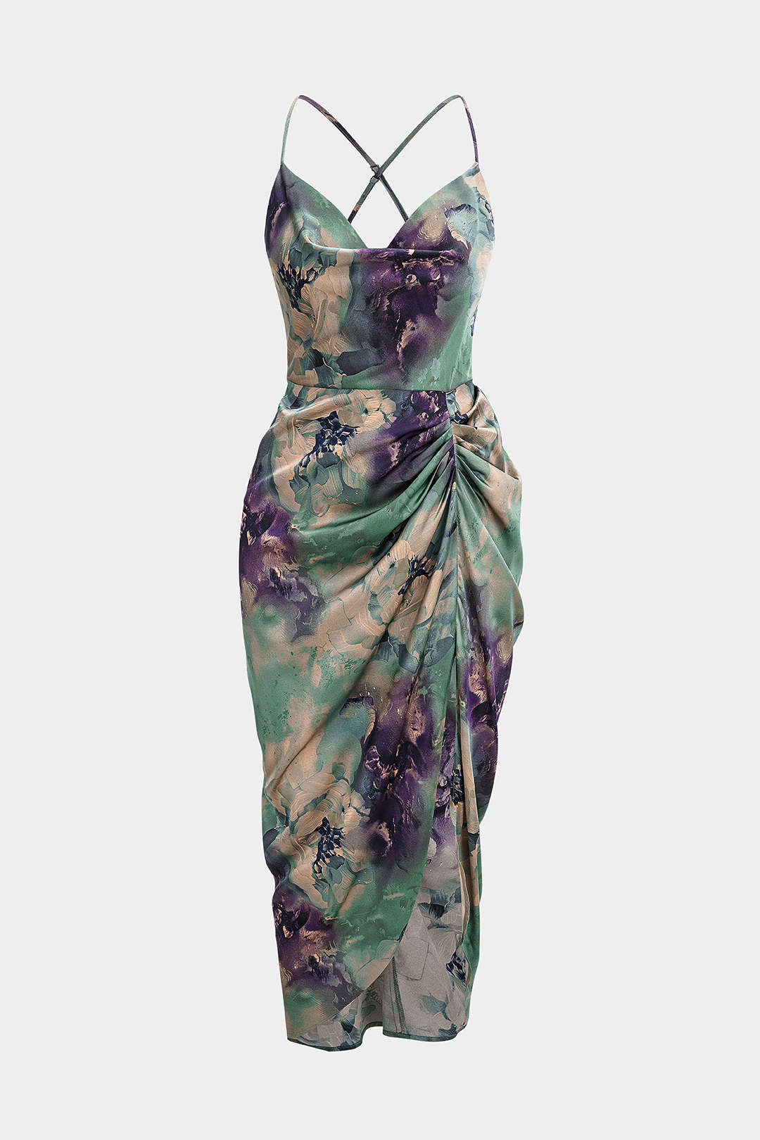 Elise - Bloemenprint satijnen midijurk met drapering en watervalhals
