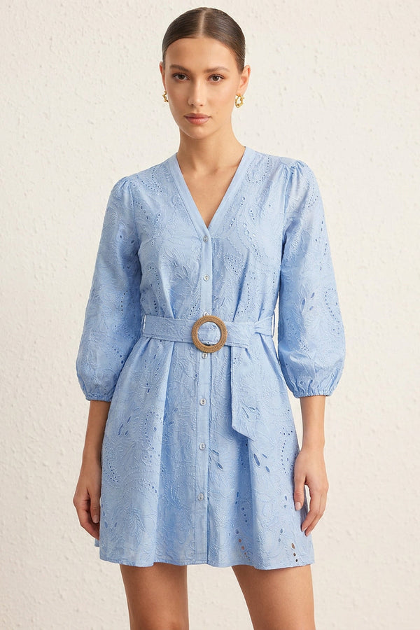 Minijurk met borduursel, V-hals en riem
