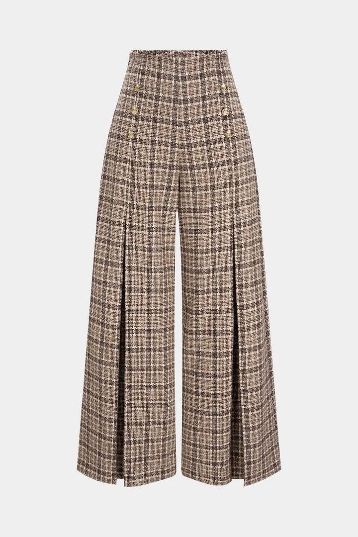 Checked, double-sided high-waisted trousers