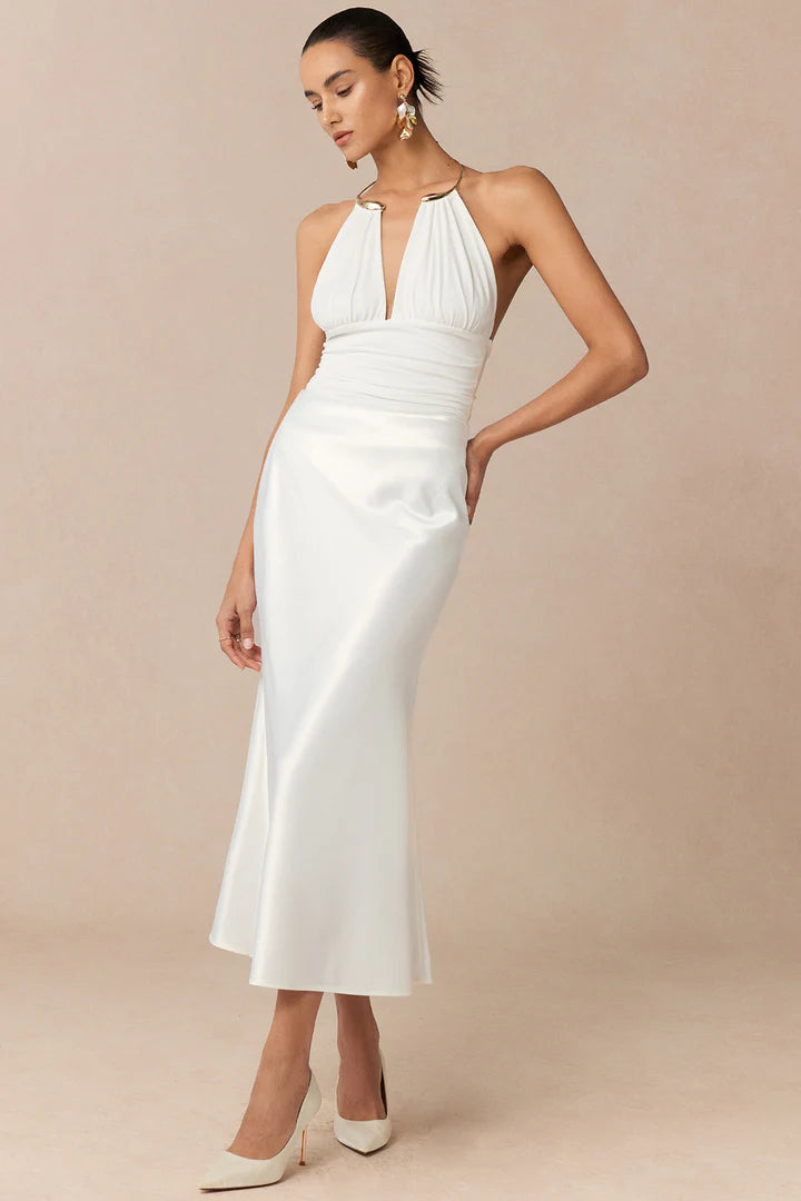 Bodysuit with metallic details, halter neck and open back