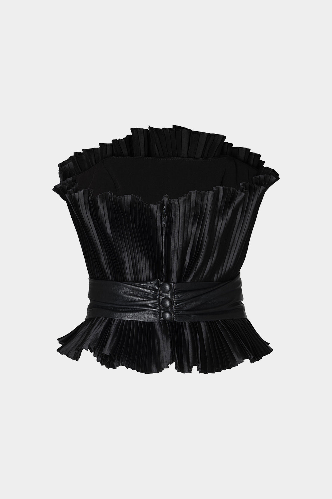 Leren-look patchwork strapless top met riem en ruches
