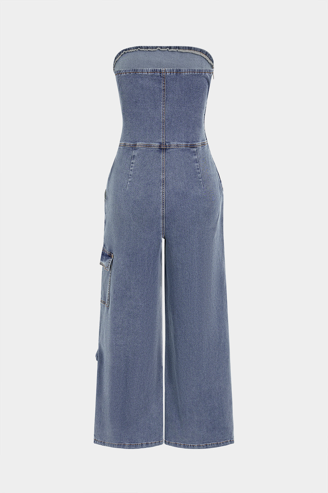 Denim mouwloze jumpsuit met strik en wijde pijpen