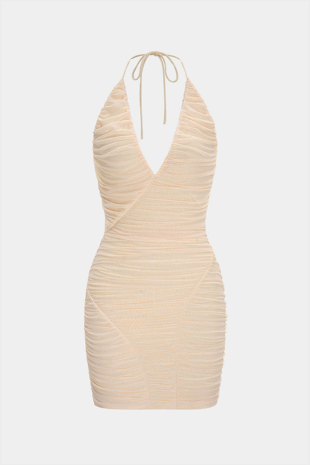 Mesh mouwloze minijurk met halternek, V-hals en strik