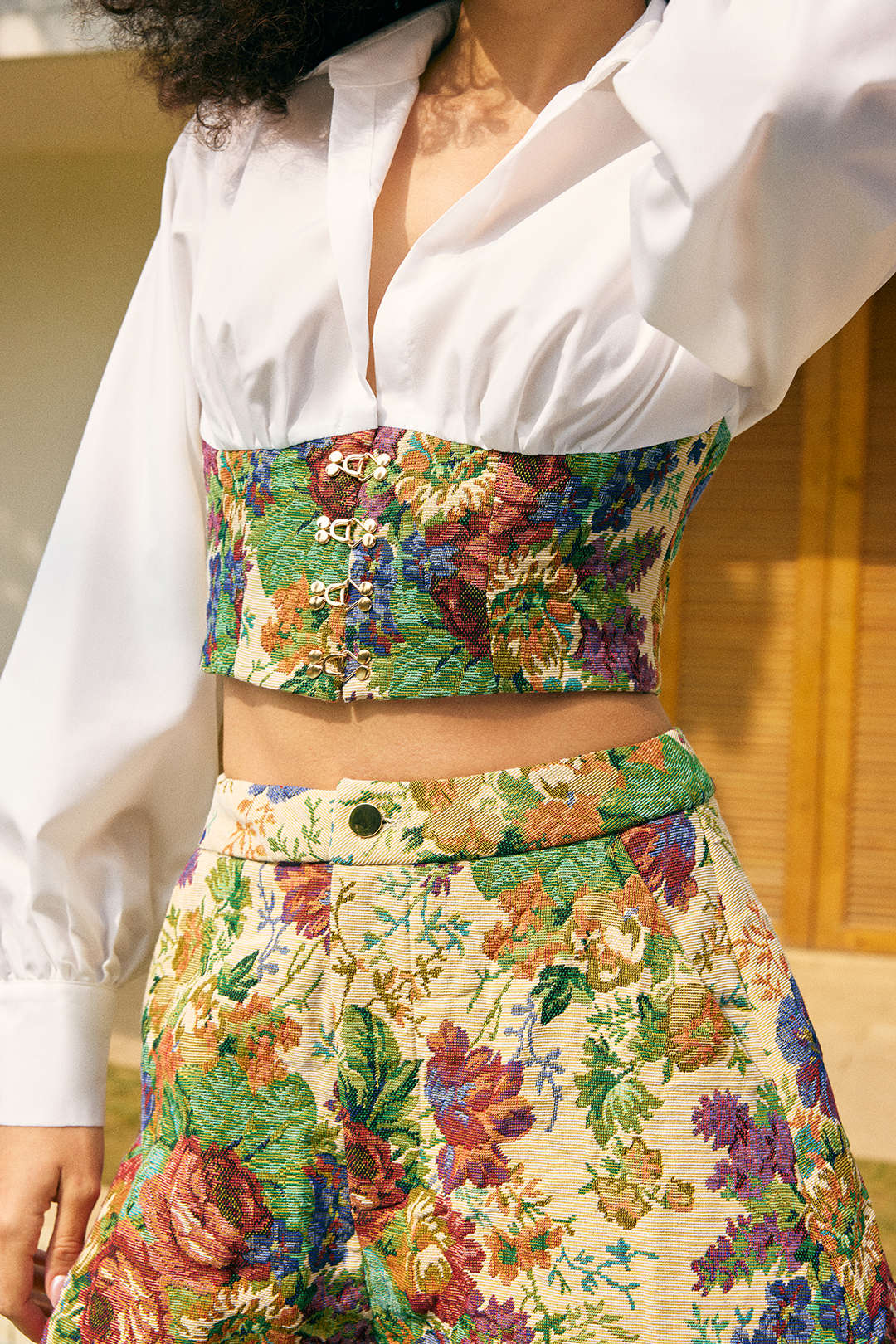 Bloemenprint jacquard top met ruches en ballonmodel