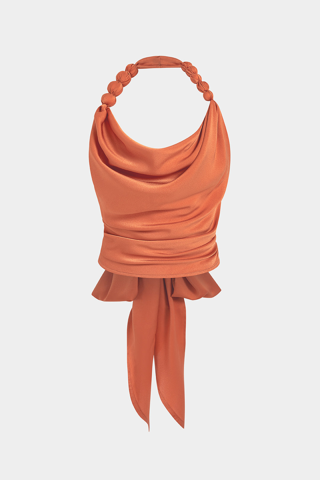 Satijnen tanktop met halternek, drapering en watervalhals
