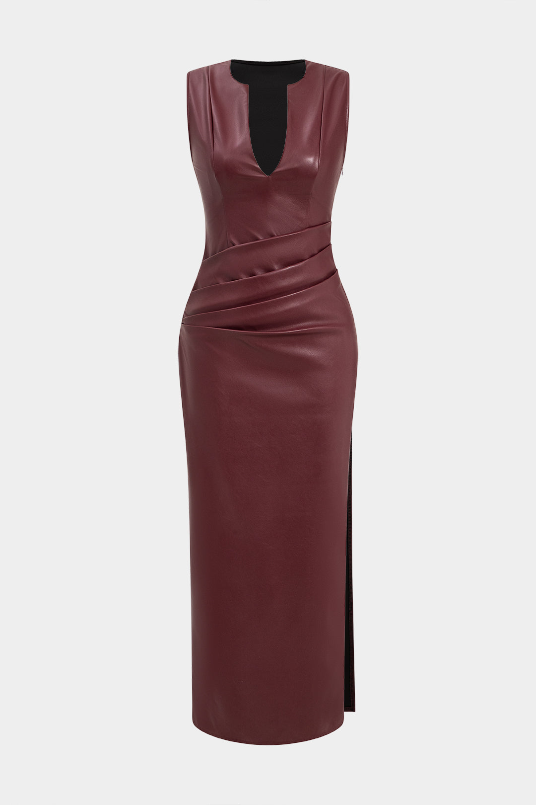 Leren-look maxijurk met V-hals en ruches