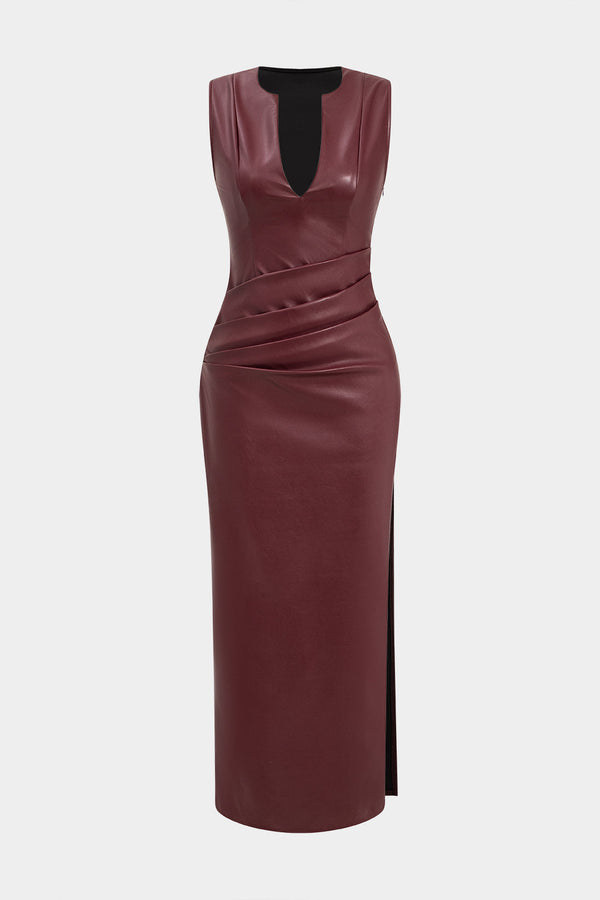 Leren-look maxijurk met V-hals en ruches