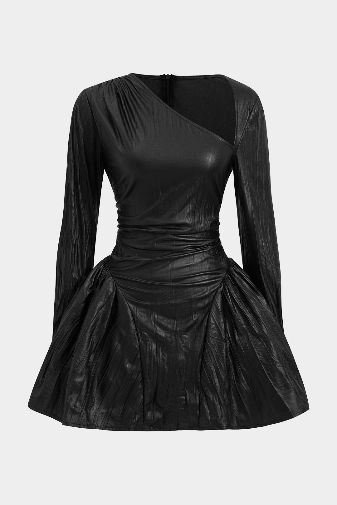 Livia - Asymmetrische minijurk met ruches en lange mouwen