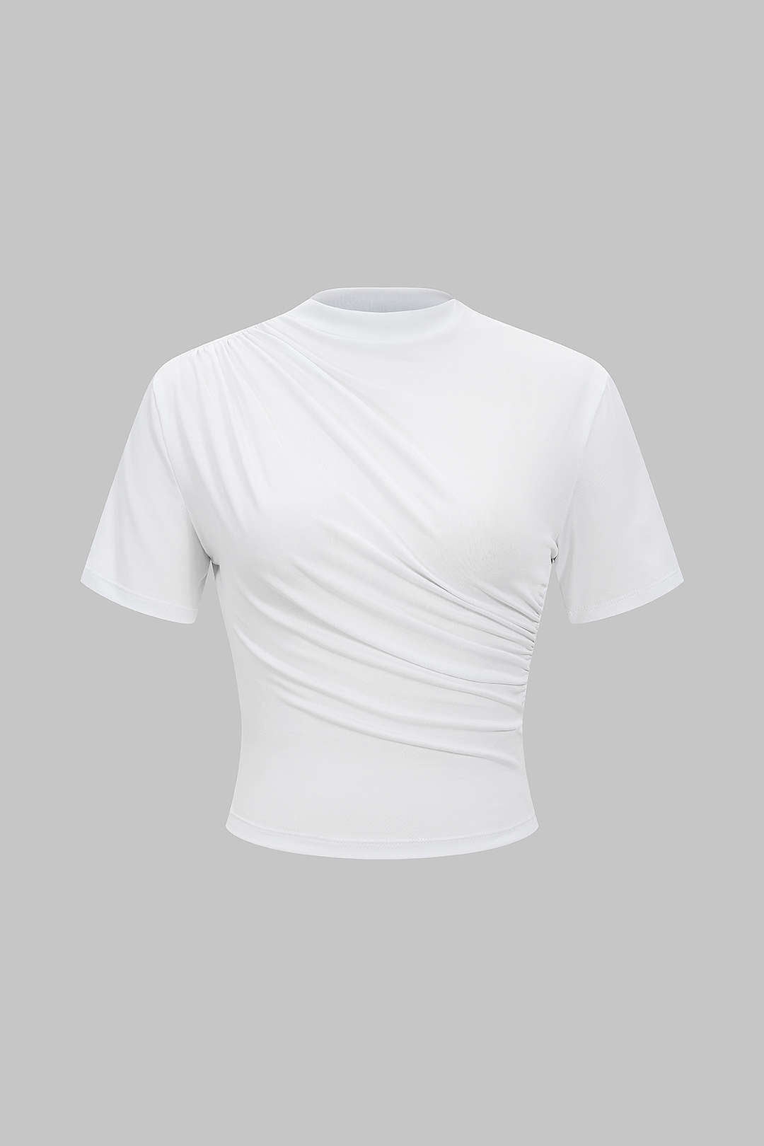 Evi - T-shirt met opstaande kraag, ruches en korte mouwen