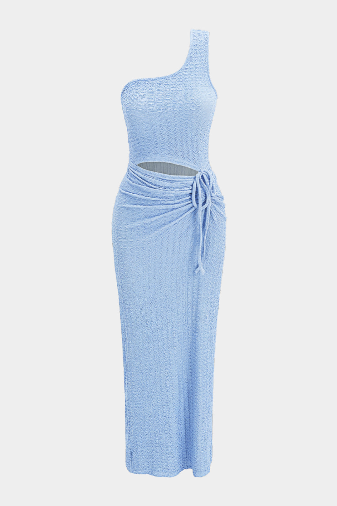 Asymmetrische midijurk met één schouder en trekkoord