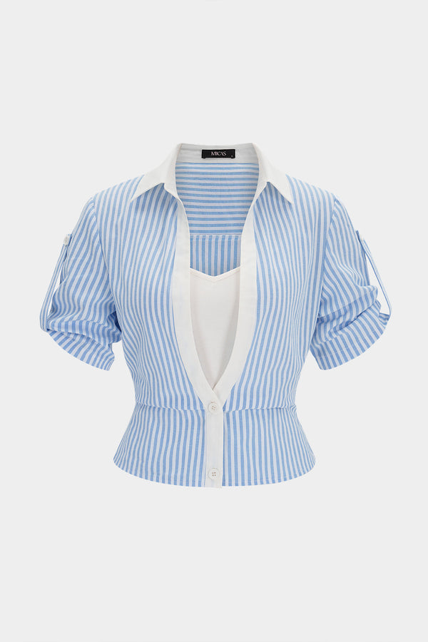 Gestreepte blouse met V-hals, knoopjes en korte mouwen