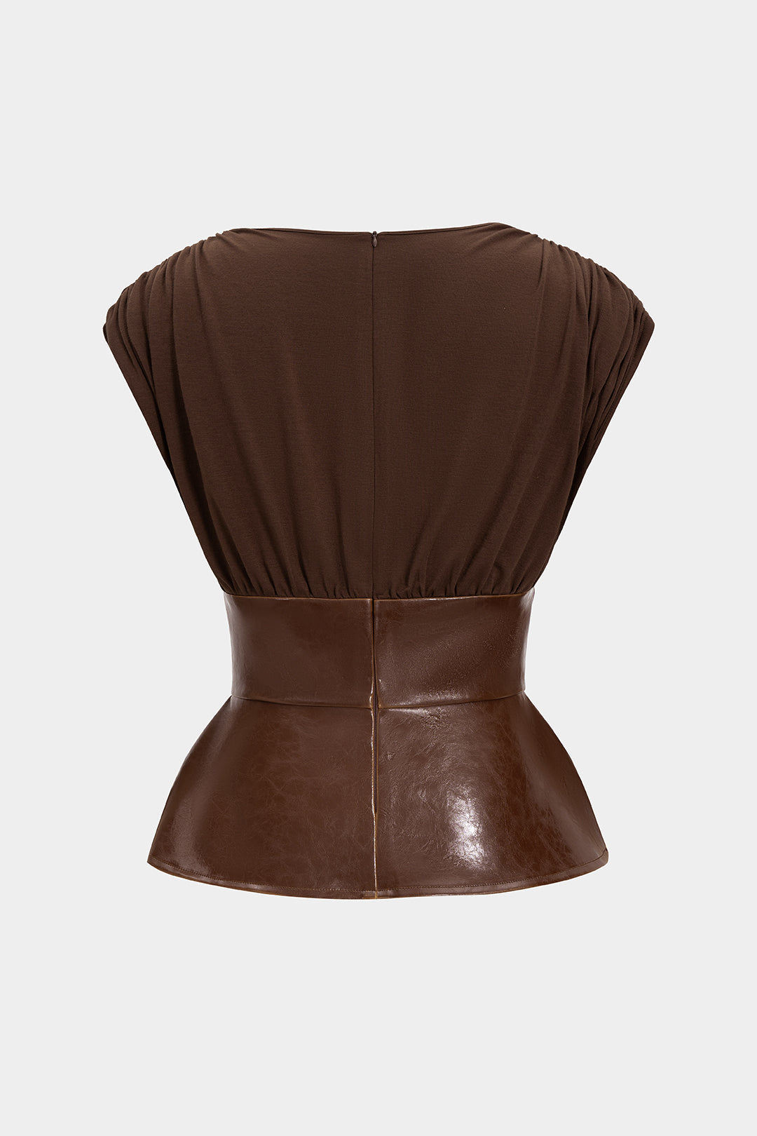 Leren-look patchwork top met ruches, rits en korte mouwen