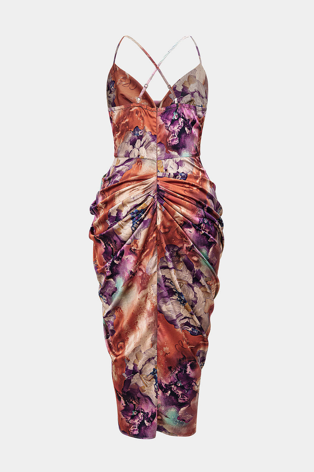 Noa - Bloemenprint satijnen midijurk met drapering en watervalhals