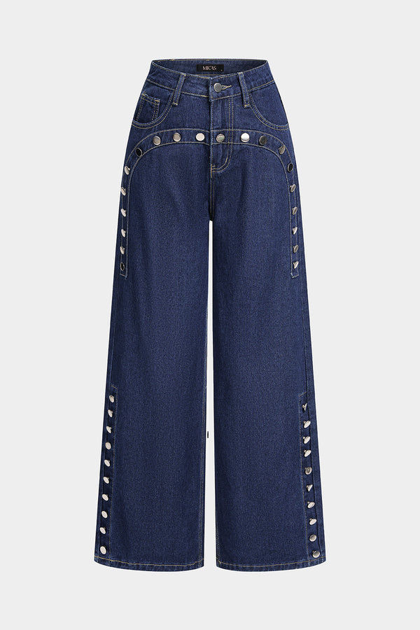 Metallic jeans met studs, hoge taille en wijde pijpen