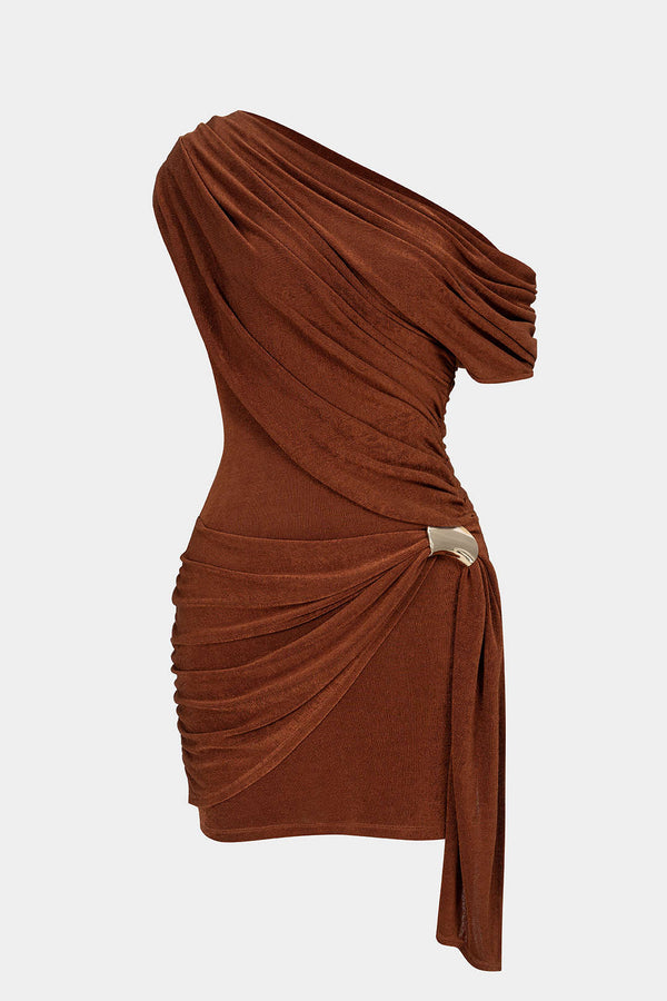 Mesh metallic minijurk met één schouder en ruches