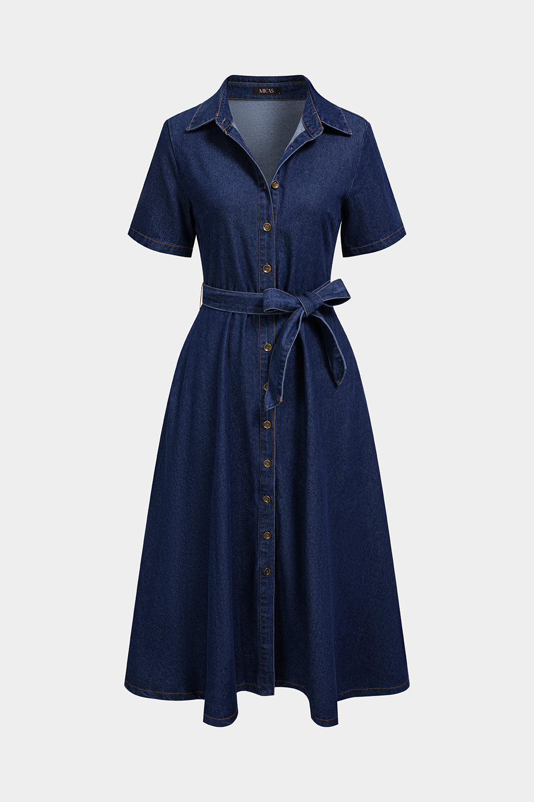 Denim maxijurk met V-hals, riem en korte mouwen