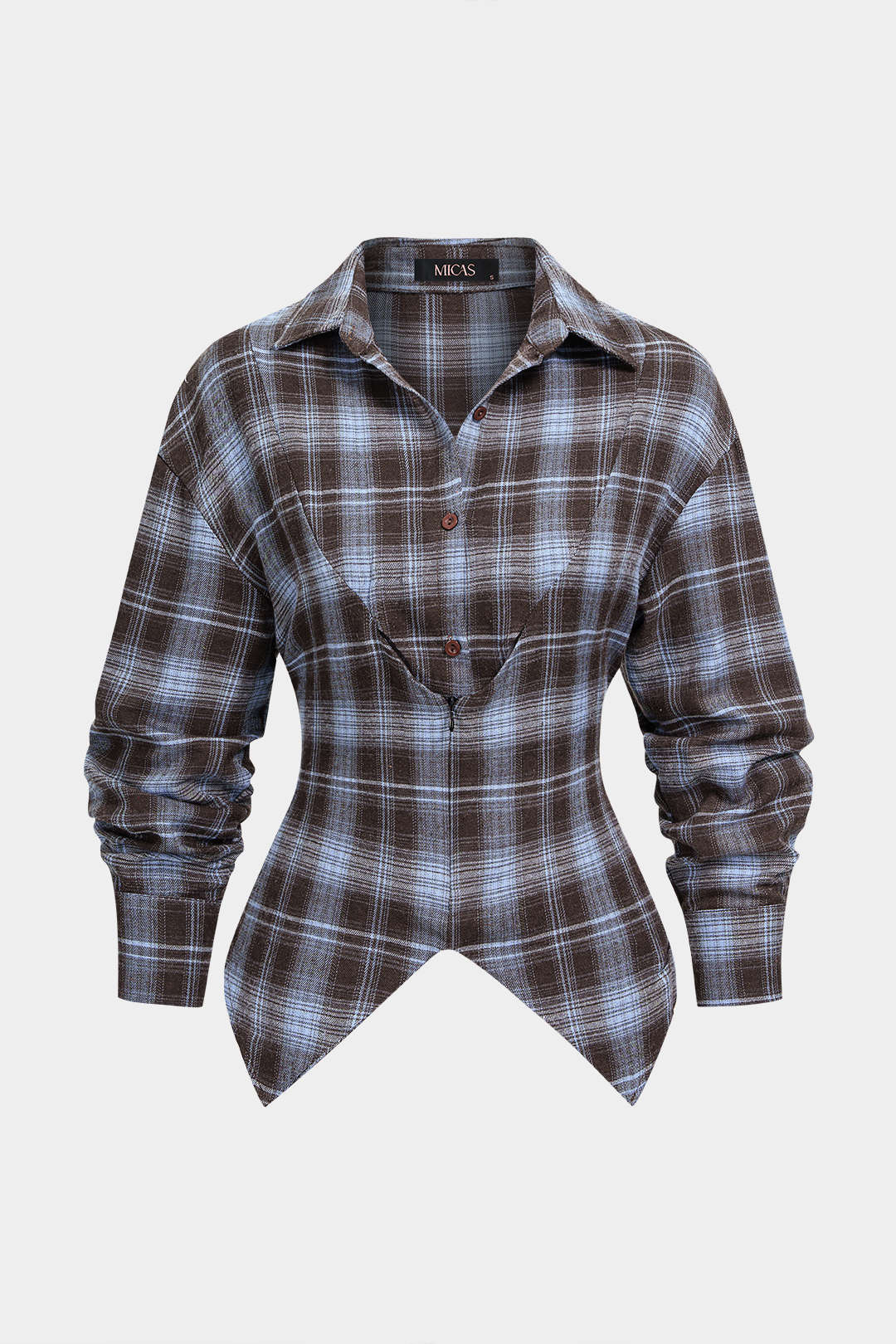 Geruite blouse met knoopjes, strik en lange mouwen