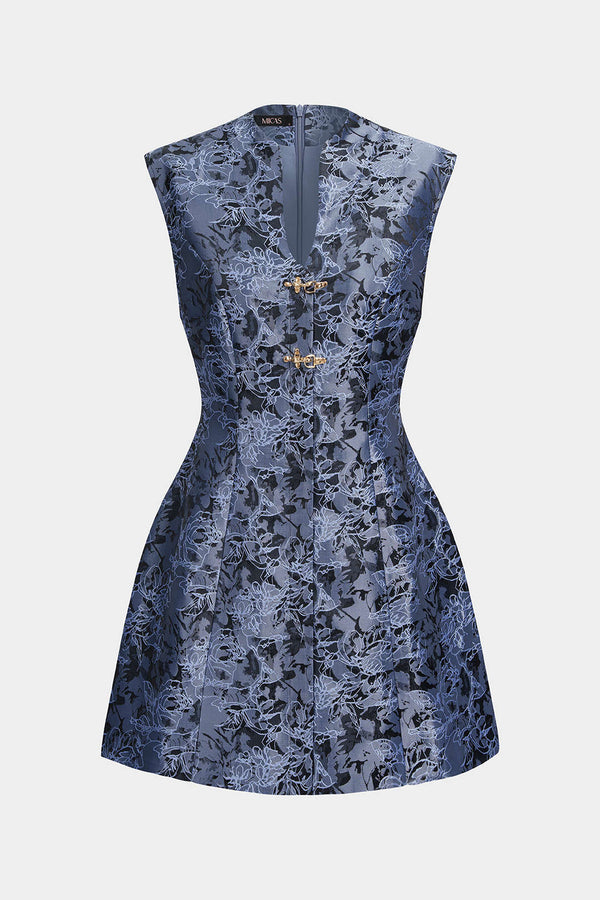 Jacquard metallic minijurk met V-hals