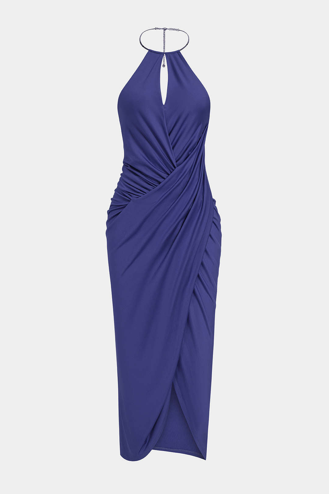 Metallic mouwloze maxijurk met halternek, V-hals en ruches
