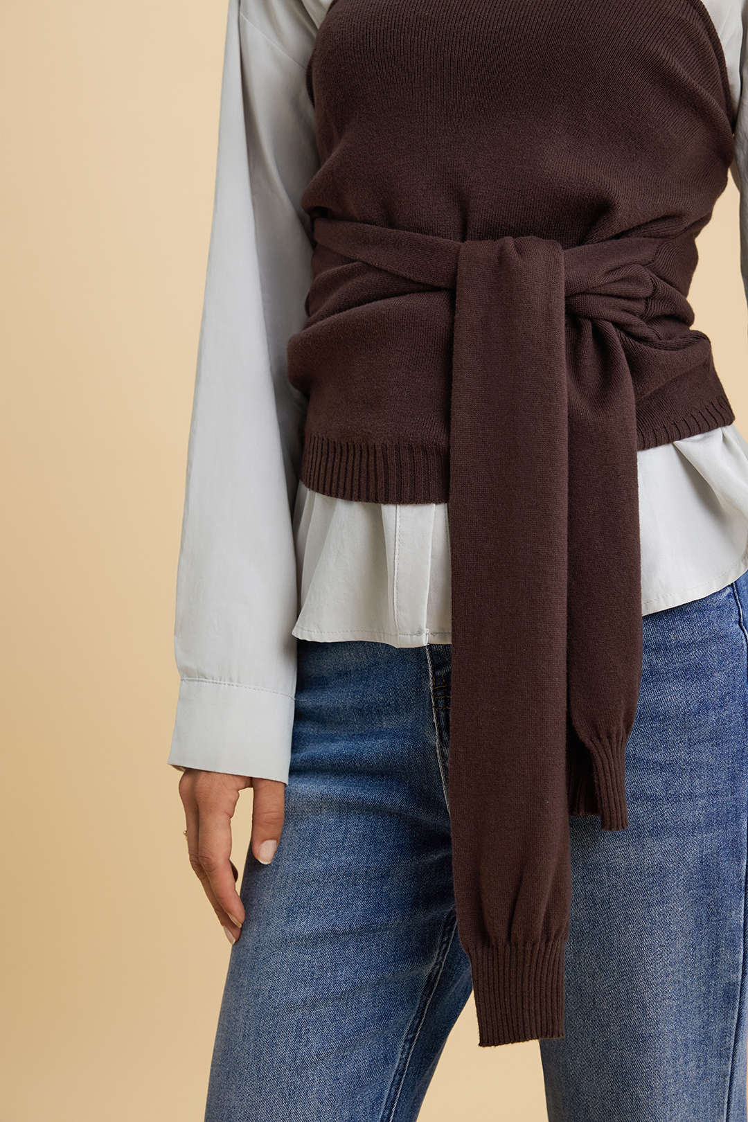 Effen patchwork blouse met strik voor en lange mouwen