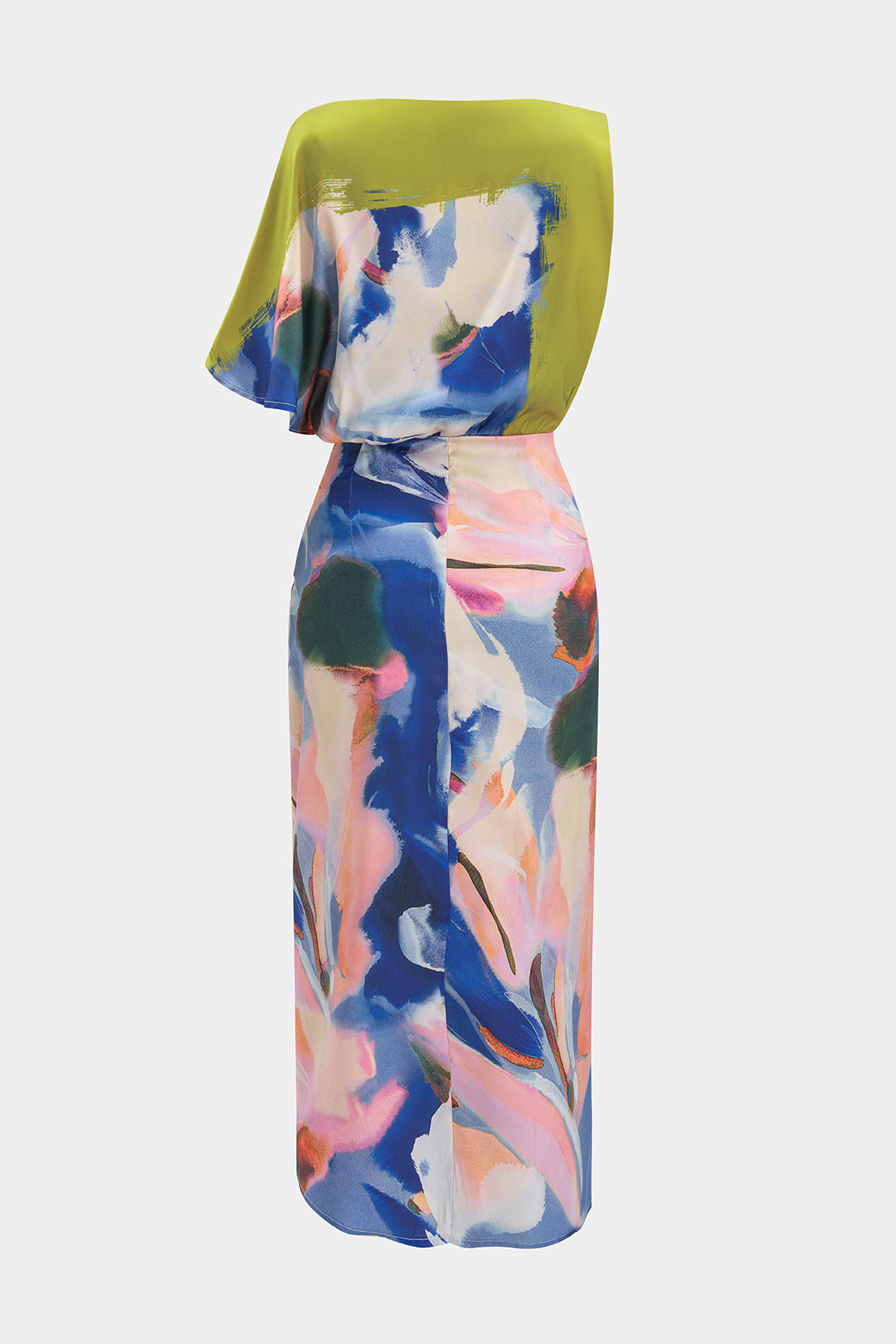 Abstracte print satijnen maxijurk met korte mouwen