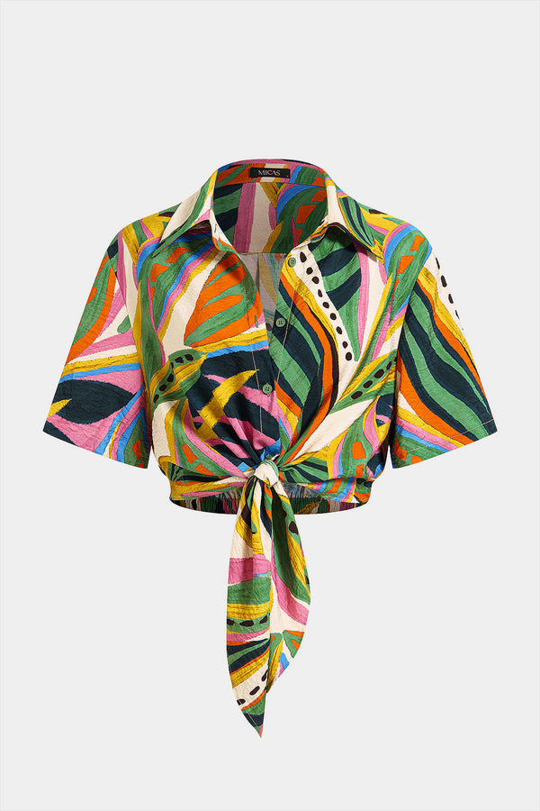 Blouse met strik, knoopjes en korte mouwen
