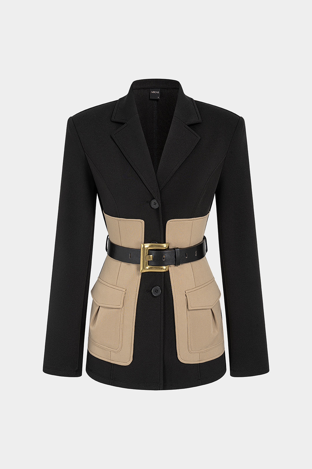 Gebreide patchwork blazer met riem en zakken