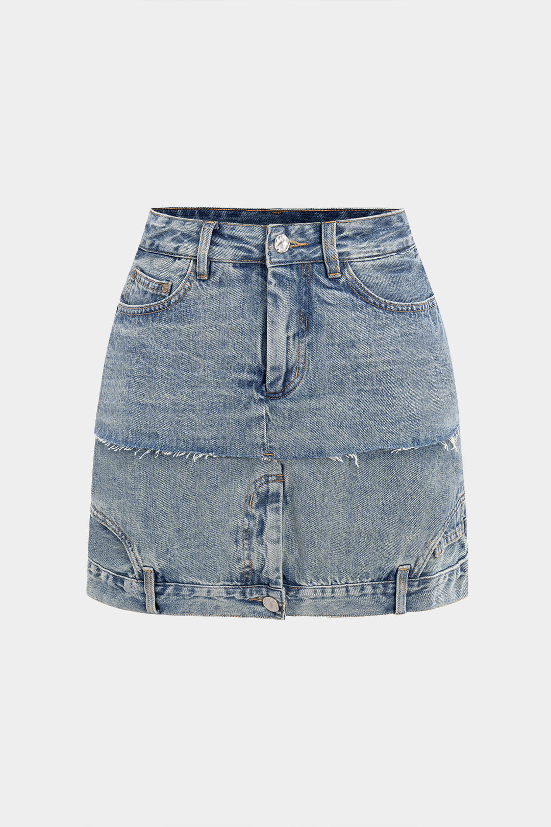 Denim patchwork rok met zakken en rits